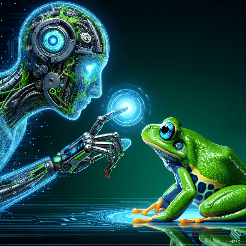 Cyborg Reaching Toward Green Frog