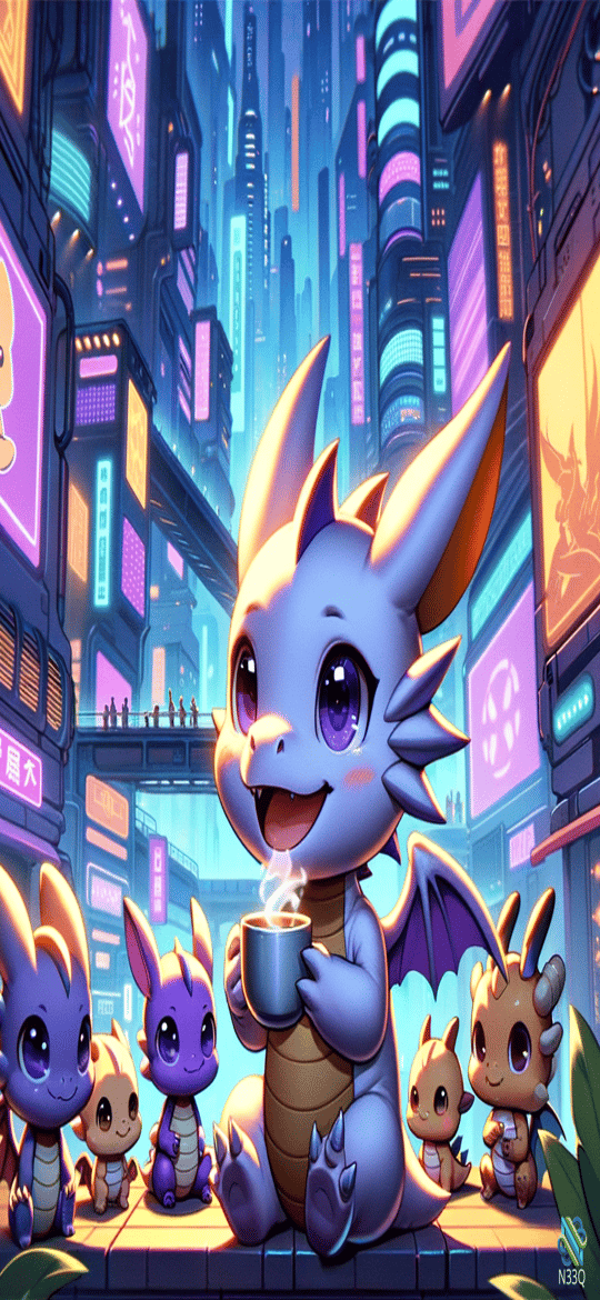 Purple Dragon Sipping Tea in Neon City