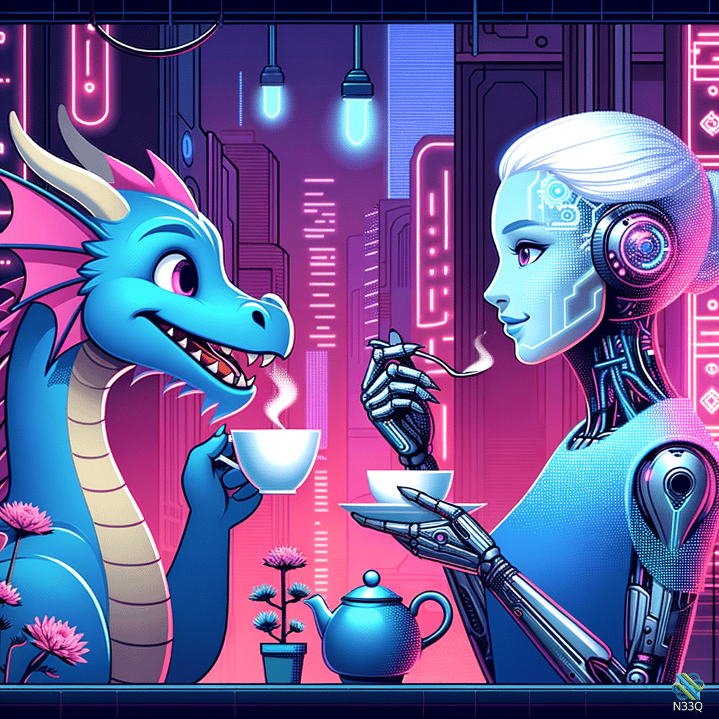 Blue Dragon and Cyborg Sharing Tea in Neon City