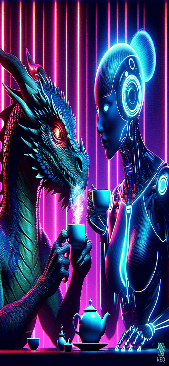 Neon Dragon and Cyborg Sharing Tea
