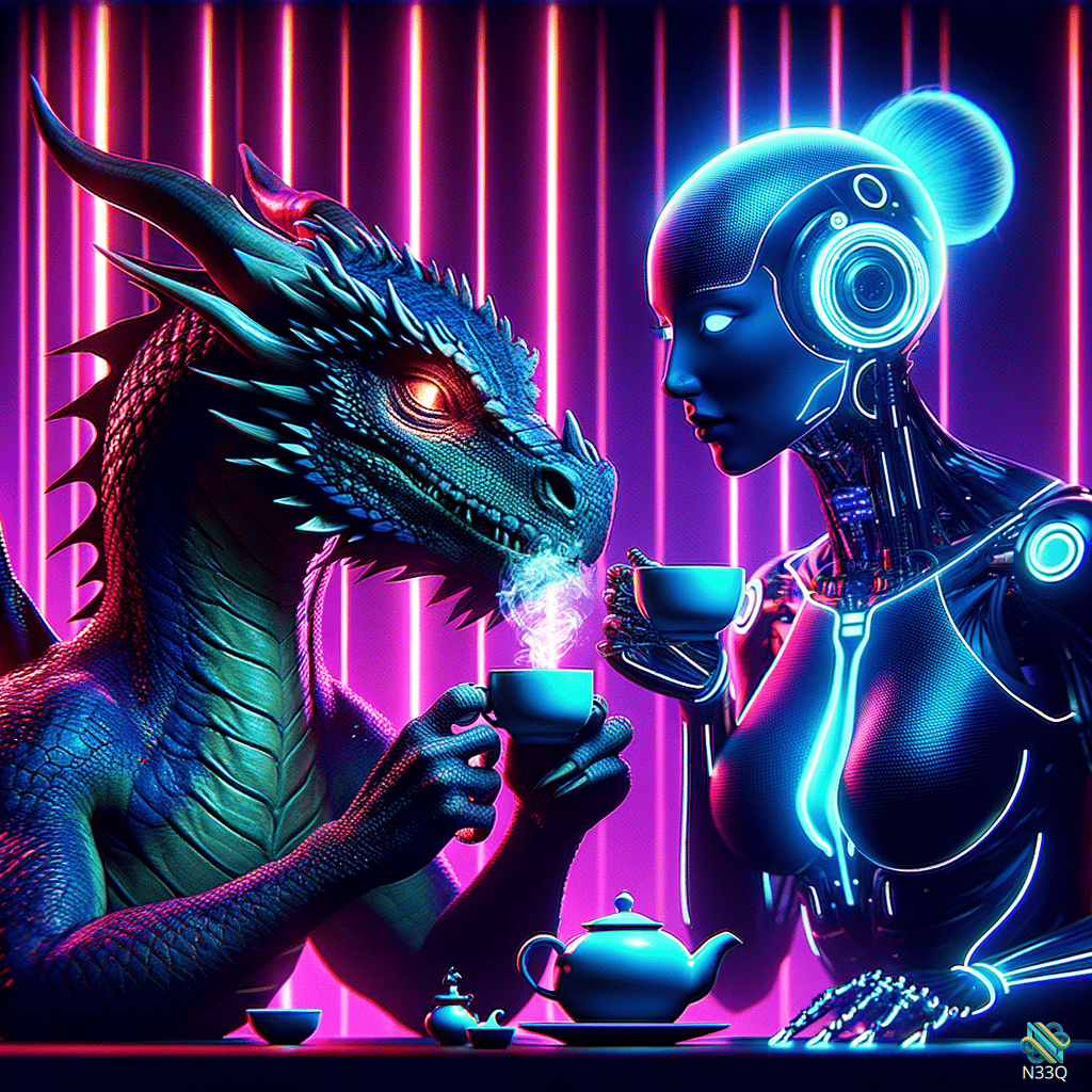 Neon Dragon and Cyborg Sharing Tea