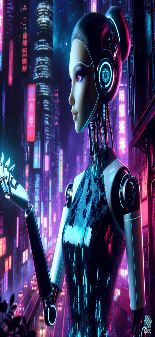 Cyborg Woman in Neon Cyberpunk City