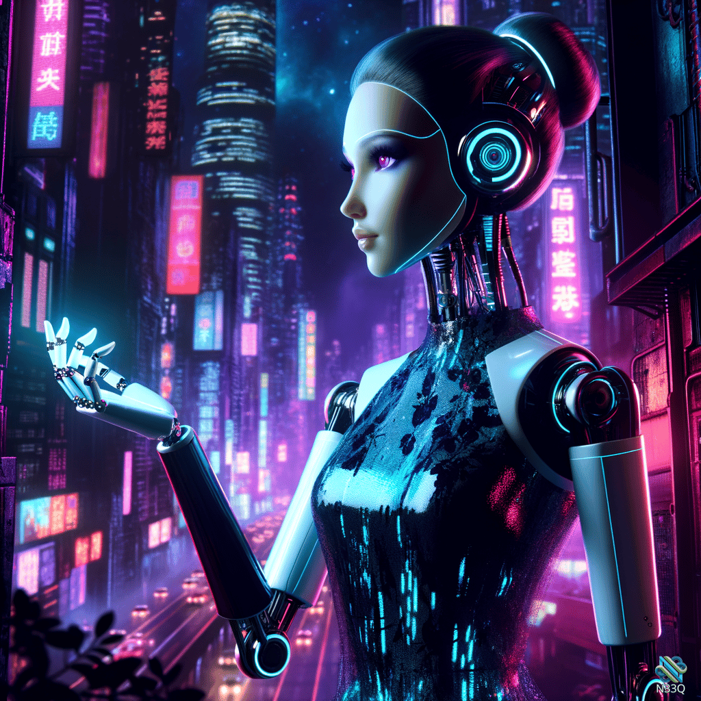Cyborg Woman in Neon Cyberpunk City
