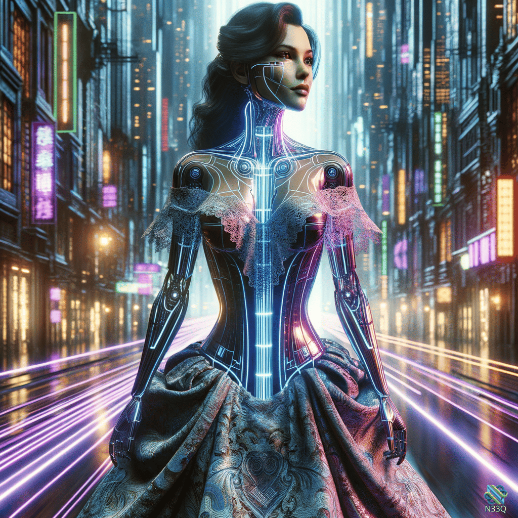 Cyborg Woman in Neon City Street