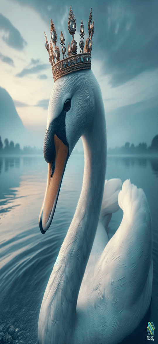 Crowned Swan on Misty Lake