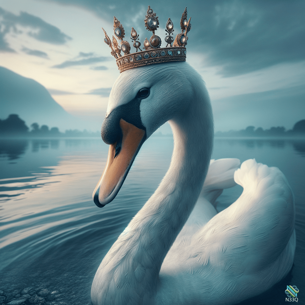 Crowned Swan on Misty Lake