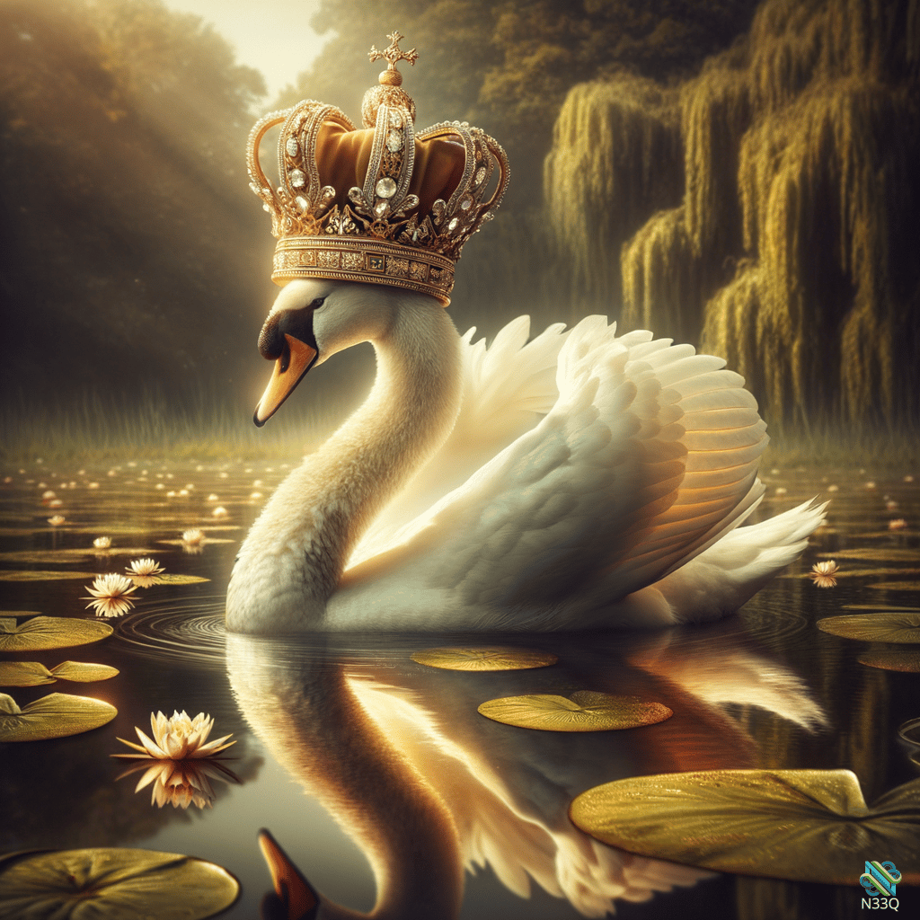Crowned White Swan on Lily Pond