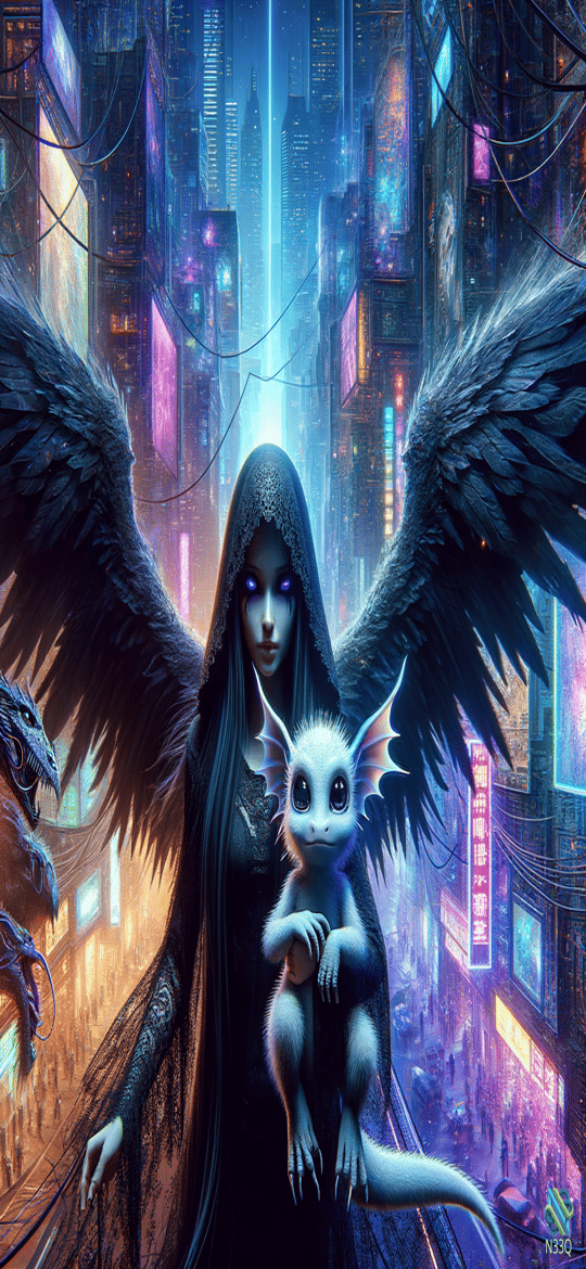 Hooded Winged Woman Holding White Dragon in Neon City