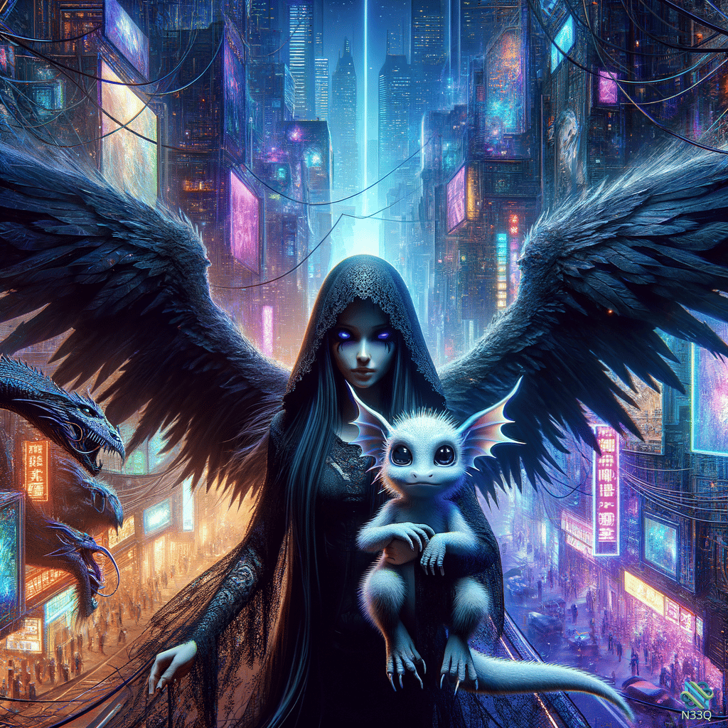 Hooded Winged Woman Holding White Dragon in Neon City