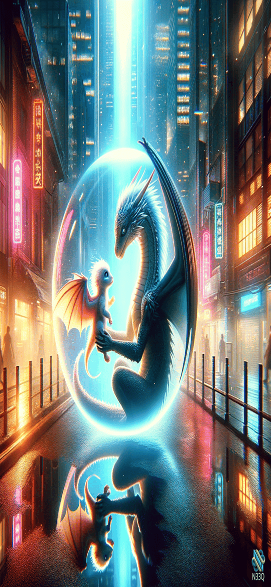 Dragons in Glowing Orb on Neon City Street