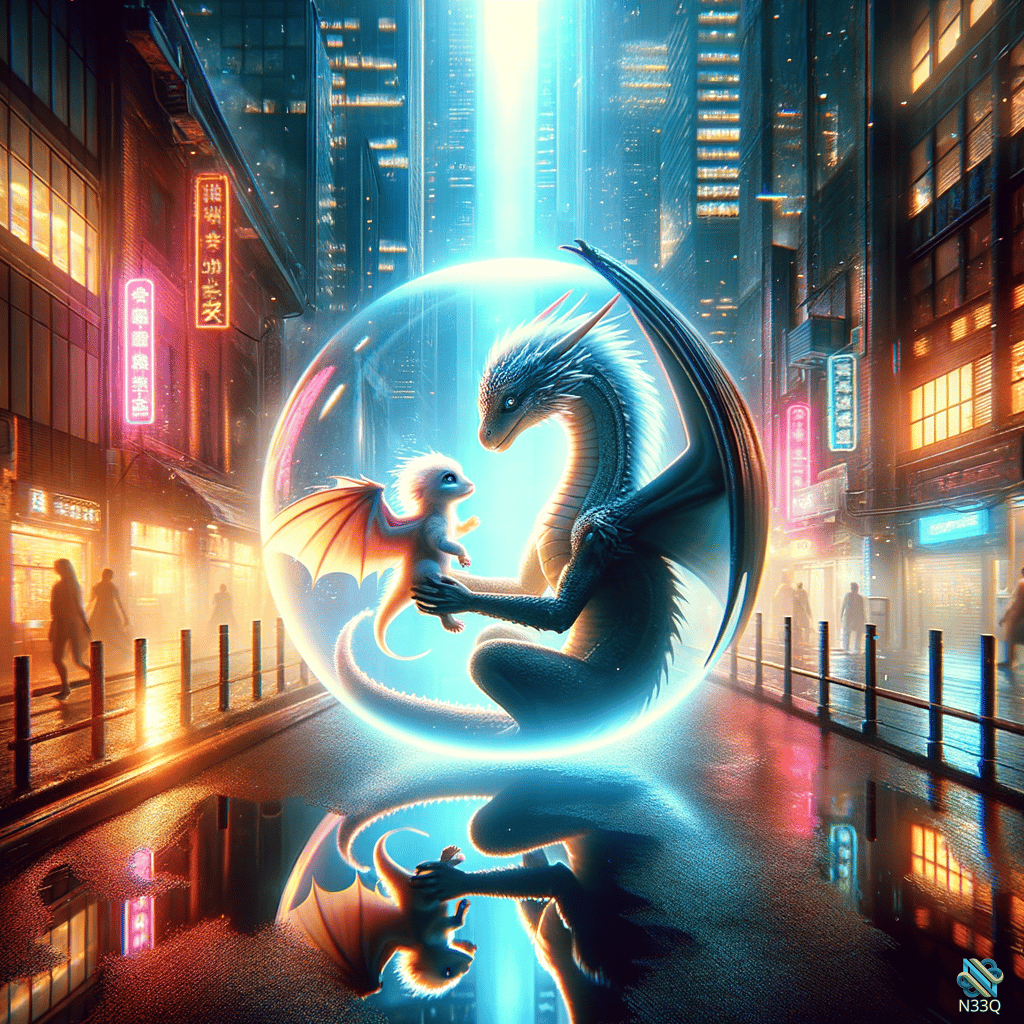 Dragons in Glowing Orb on Neon City Street