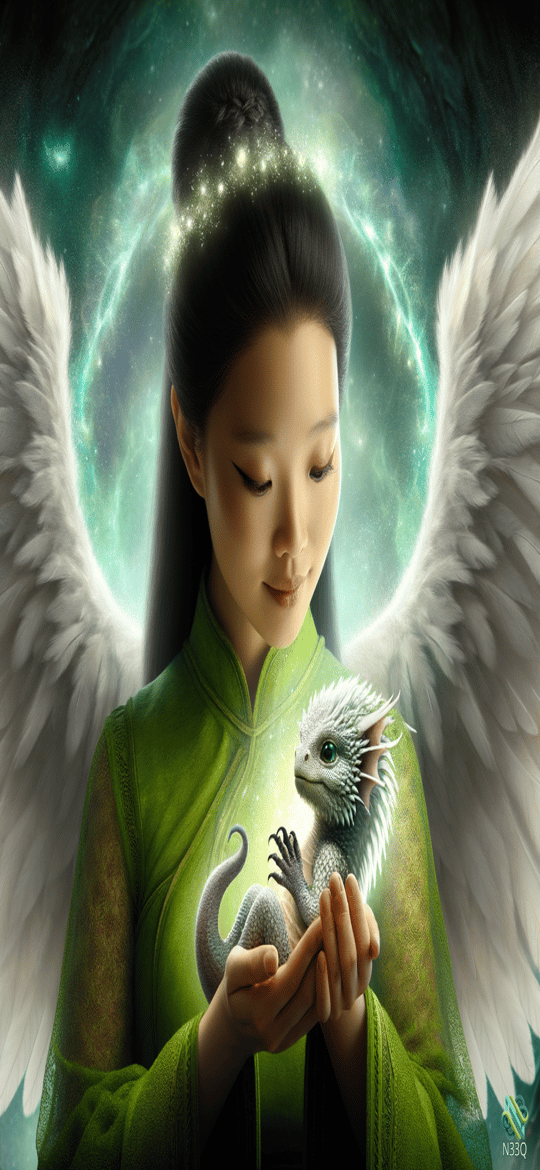 Winged Woman Holding Small White Dragon