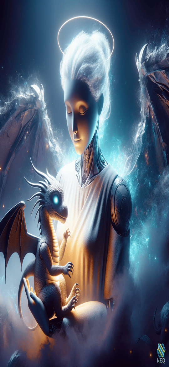 Cybernetic Angel Cradling Baby Dragon