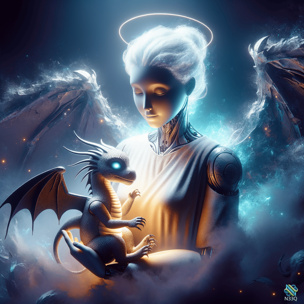 Cybernetic Angel Cradling Baby Dragon