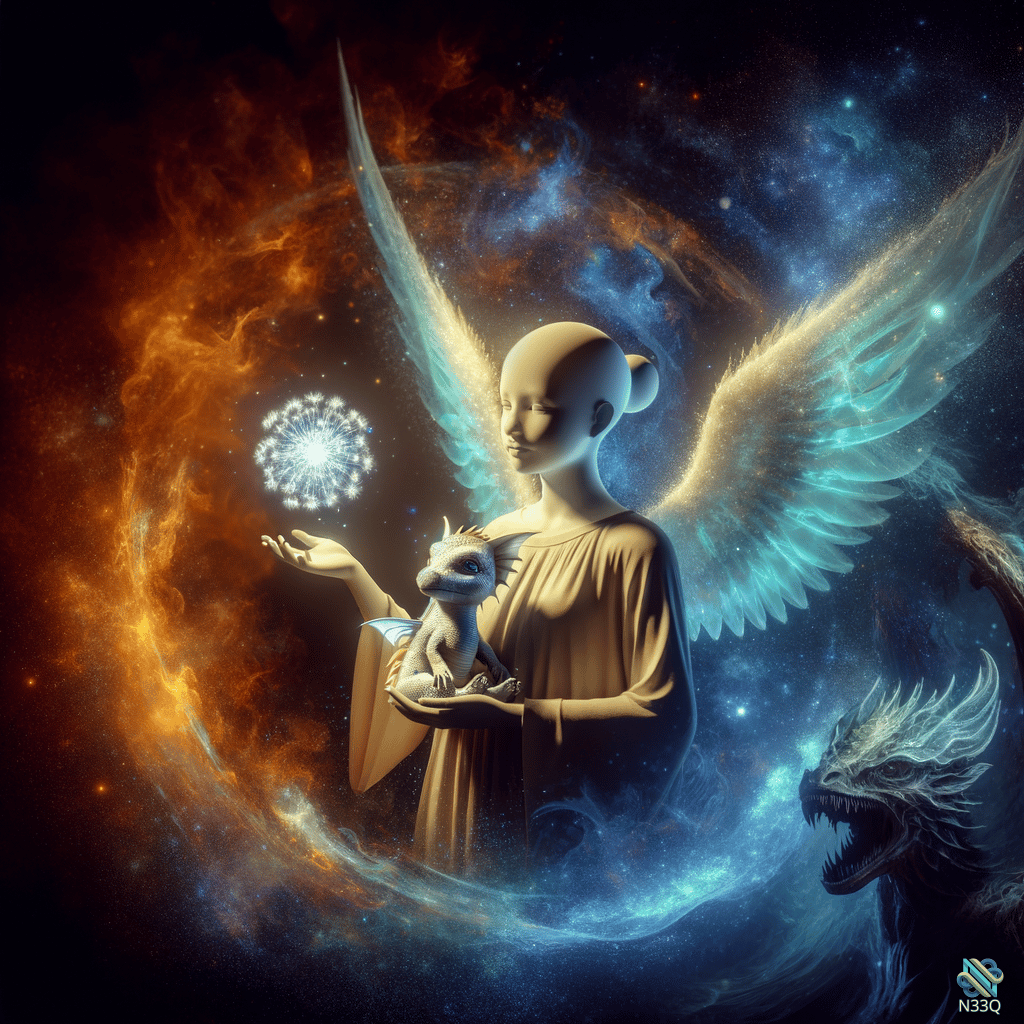 Winged Angel Holding Dragon in Cosmic Nebula