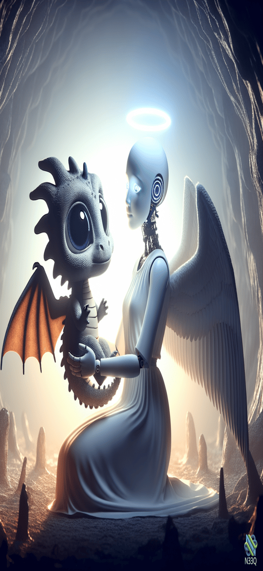 Robotic Angel Holding Baby Dragon in Cave