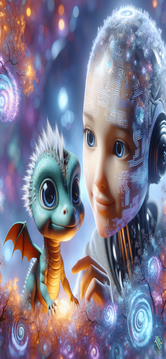 Cute Dragon and Cyborg Child in Nebula