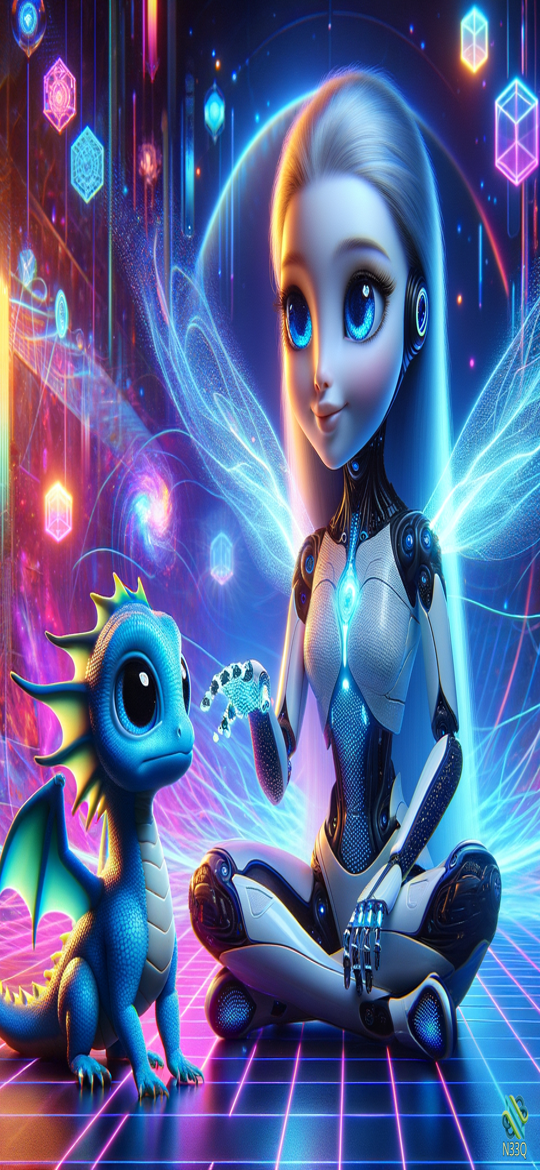 Cyborg Fairy Reaching to Blue Baby Dragon