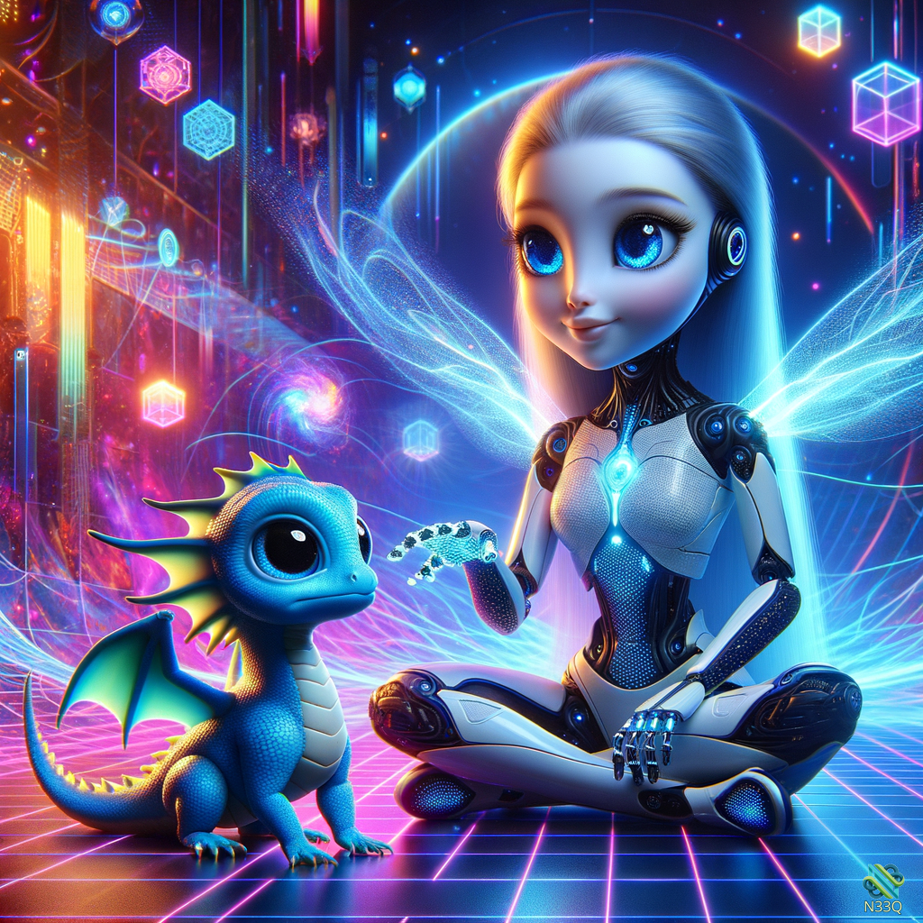 Cyborg Fairy Reaching to Blue Baby Dragon