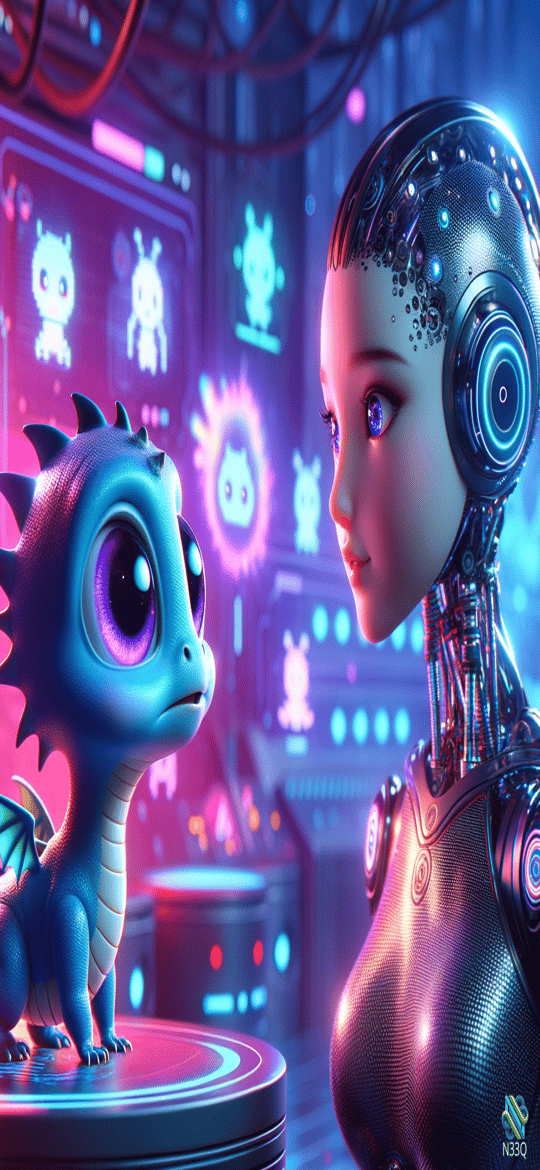 Blue Dragon and Female Cyborg in Neon Lab