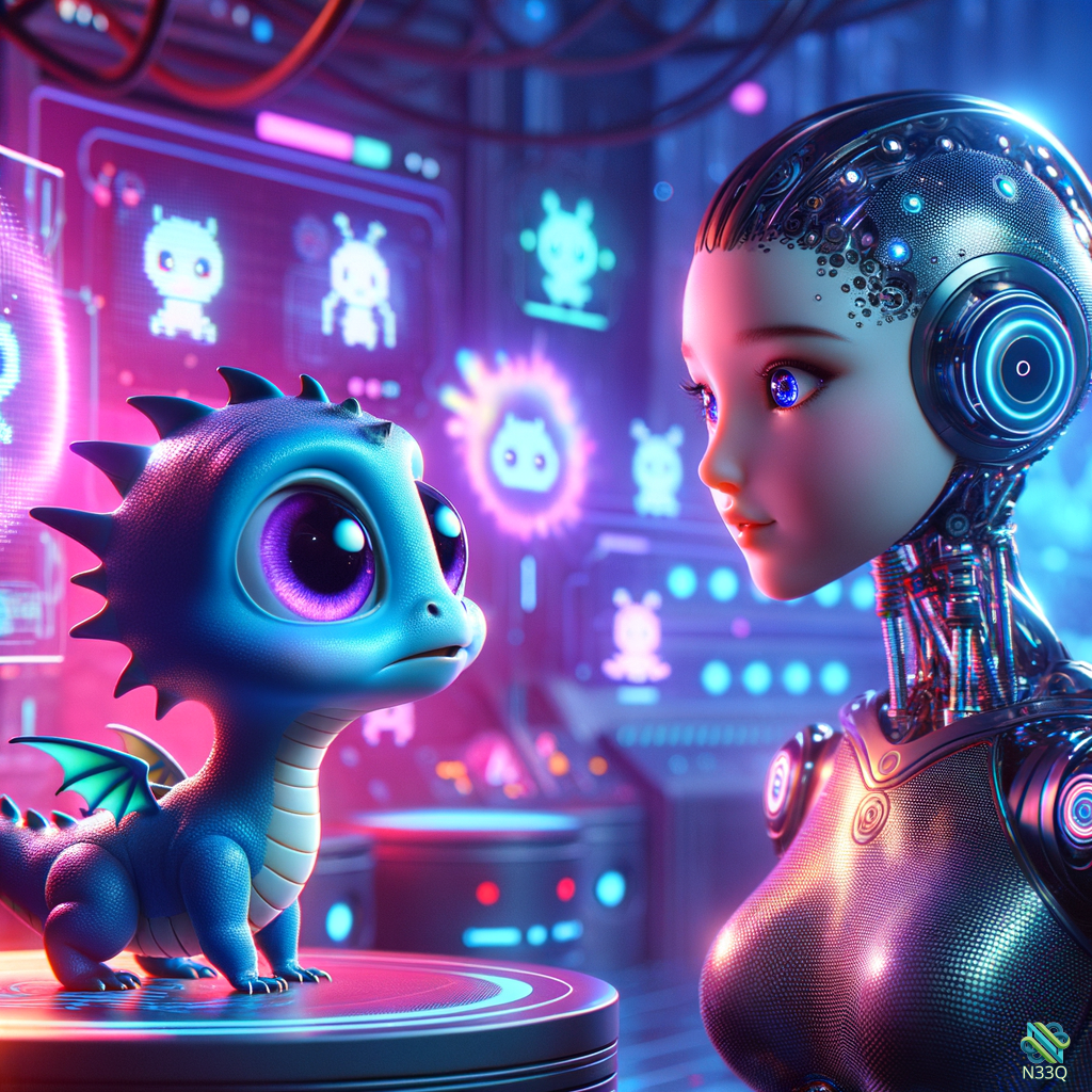 Blue Dragon and Female Cyborg in Neon Lab