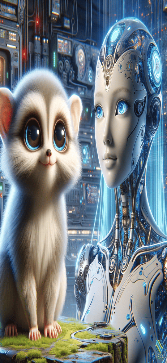 Fluffy Creature Beside Female Cyborg