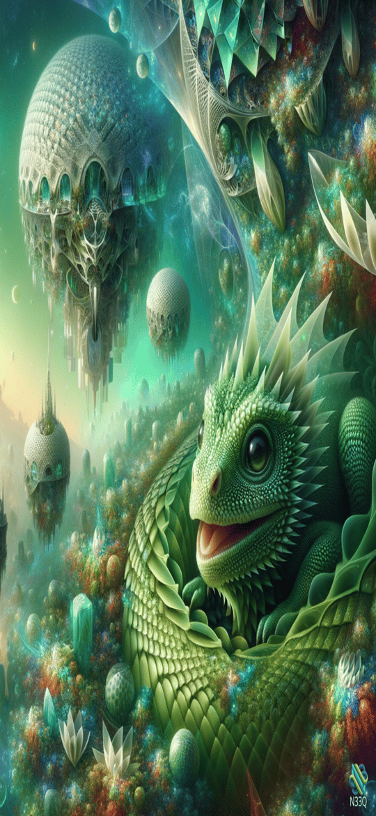 Green Dragon in Floating Fantasy Realm