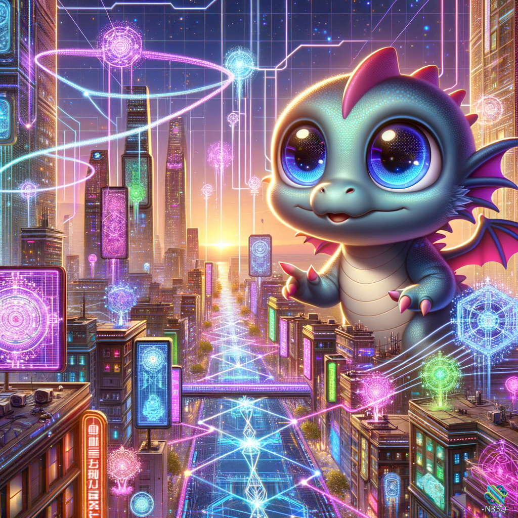 Cute Dragon Over Neon Cyberpunk City