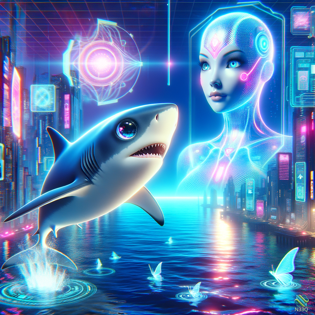 Neon Shark Leaping Near Holographic Woman