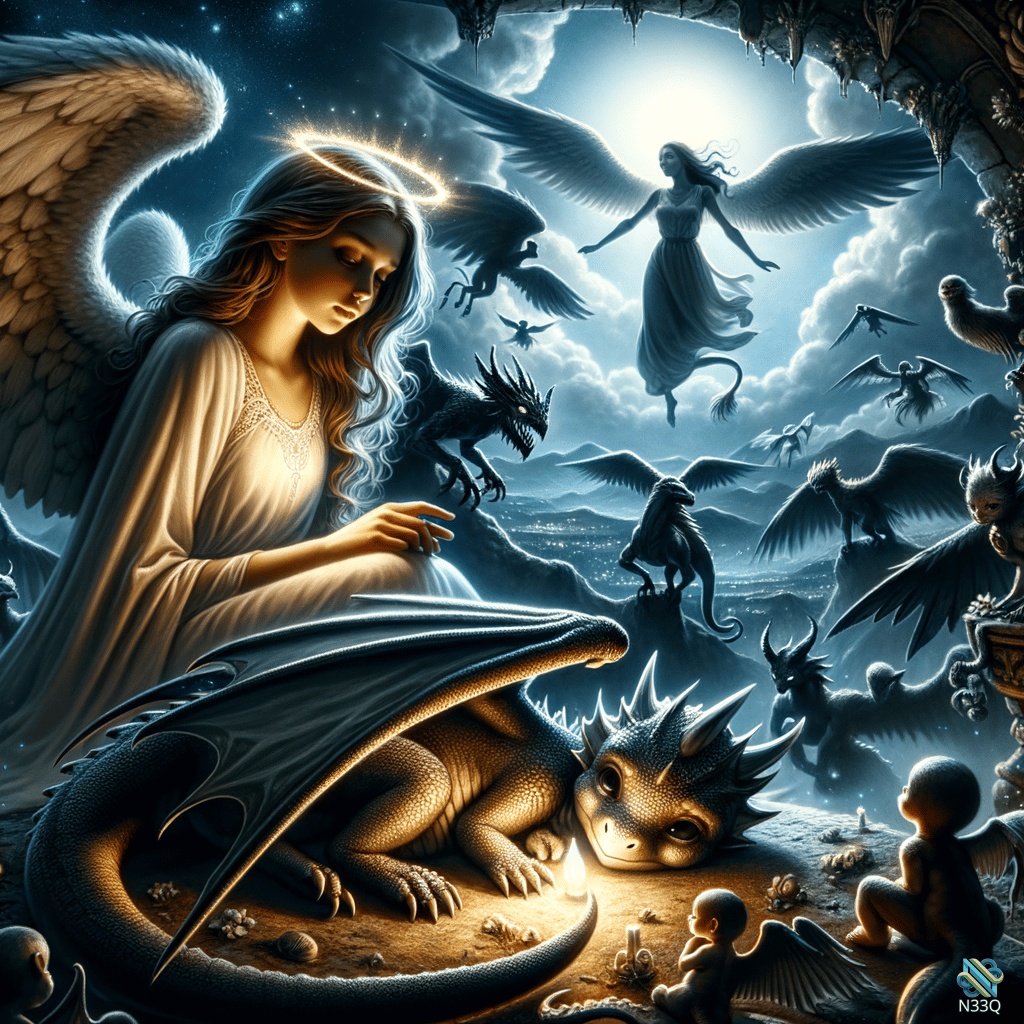 Angel with Halo Beside Young Dragon