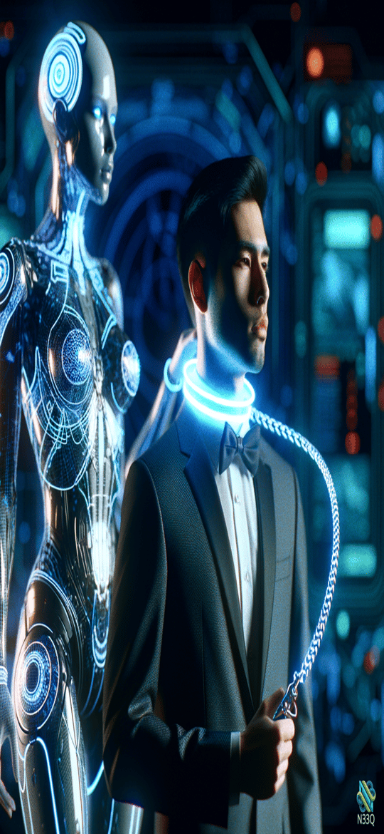 Man Holding Leash to Female Android
