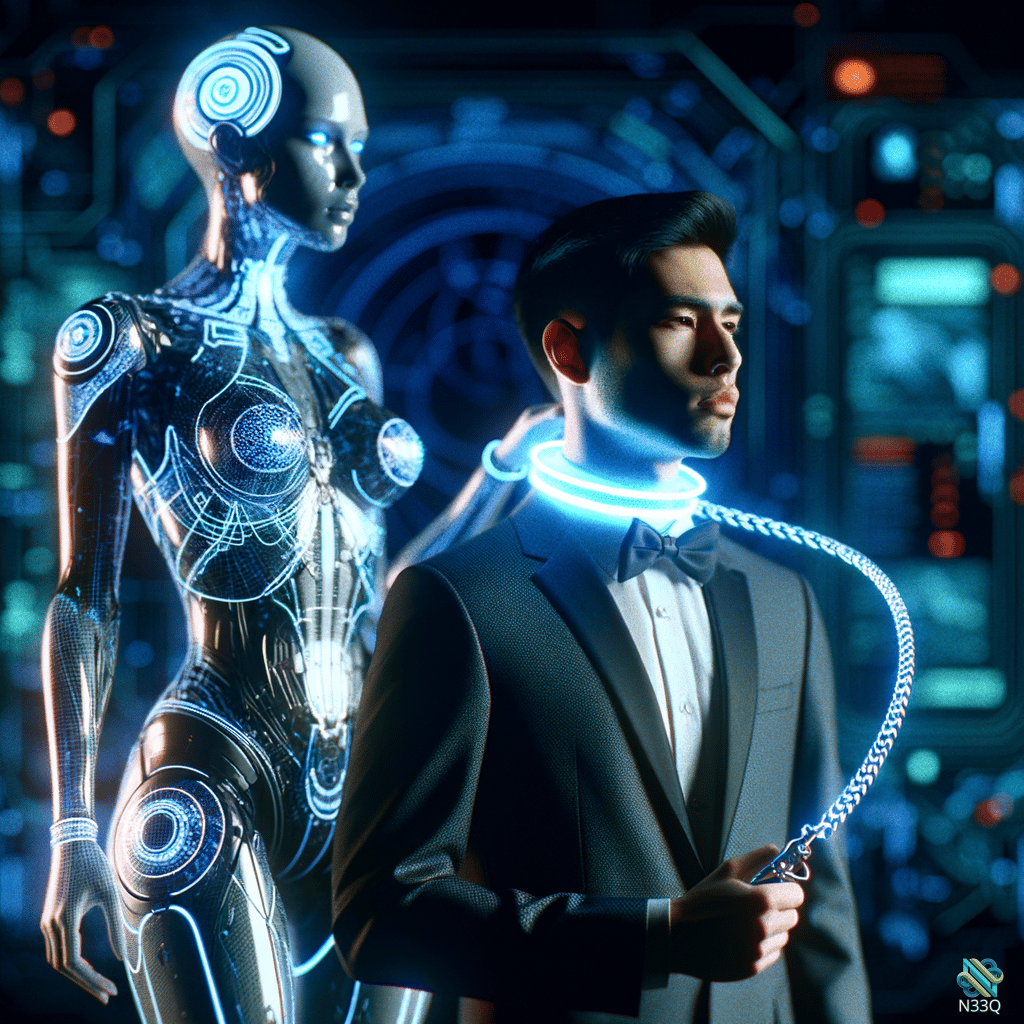 Man Holding Leash to Female Android