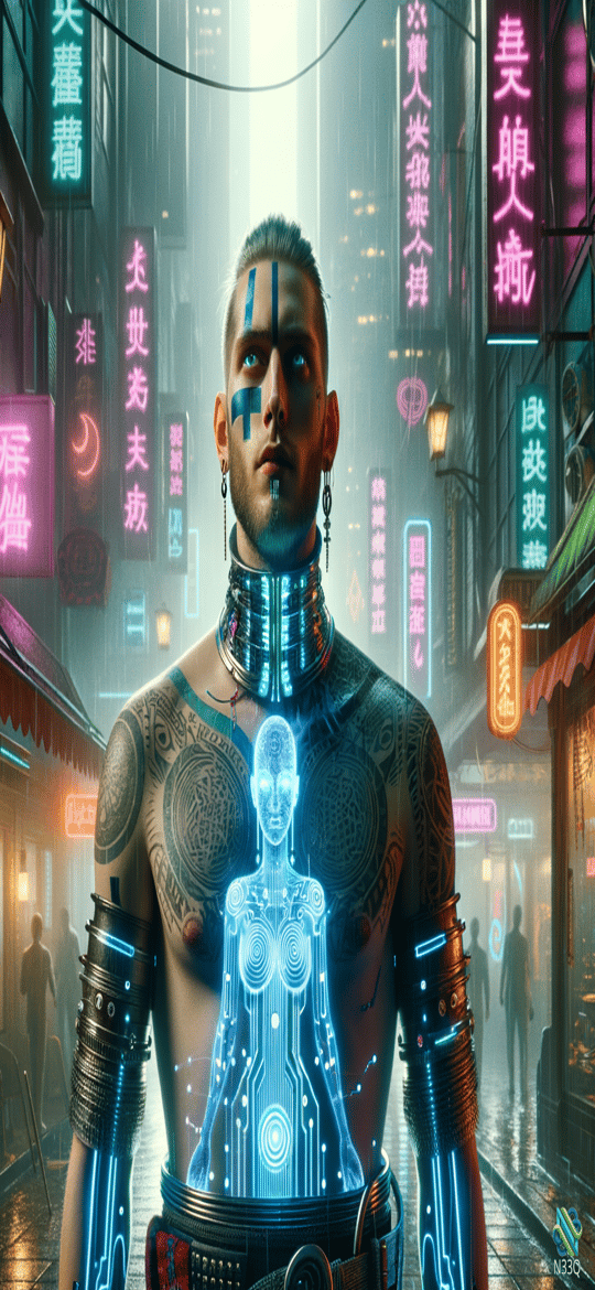Cyborg with Holographic Figure in Rainy Neon Alley