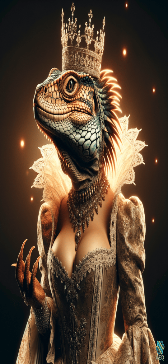 Crowned Lizard Queen in Ornate Gown