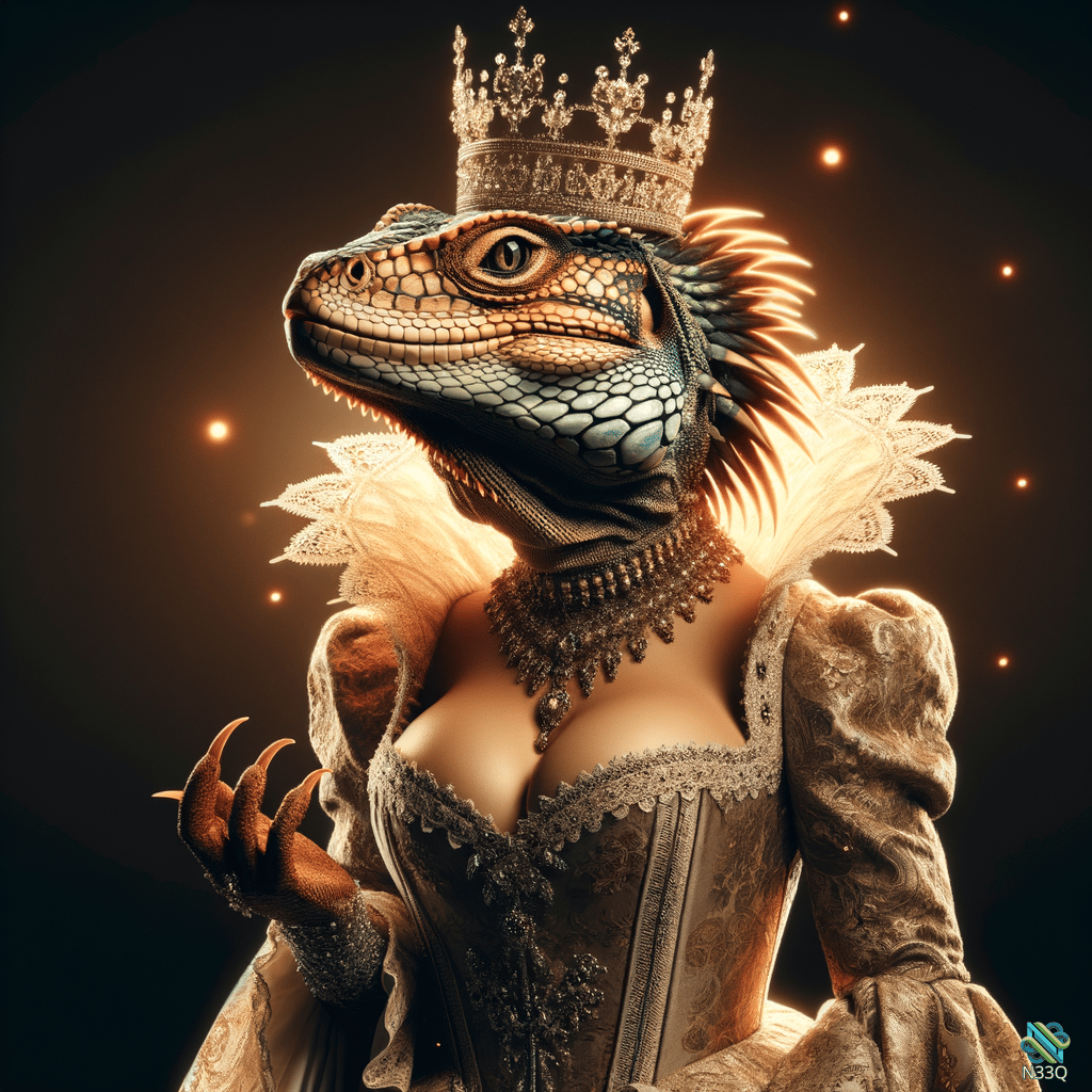 Crowned Lizard Queen in Ornate Gown