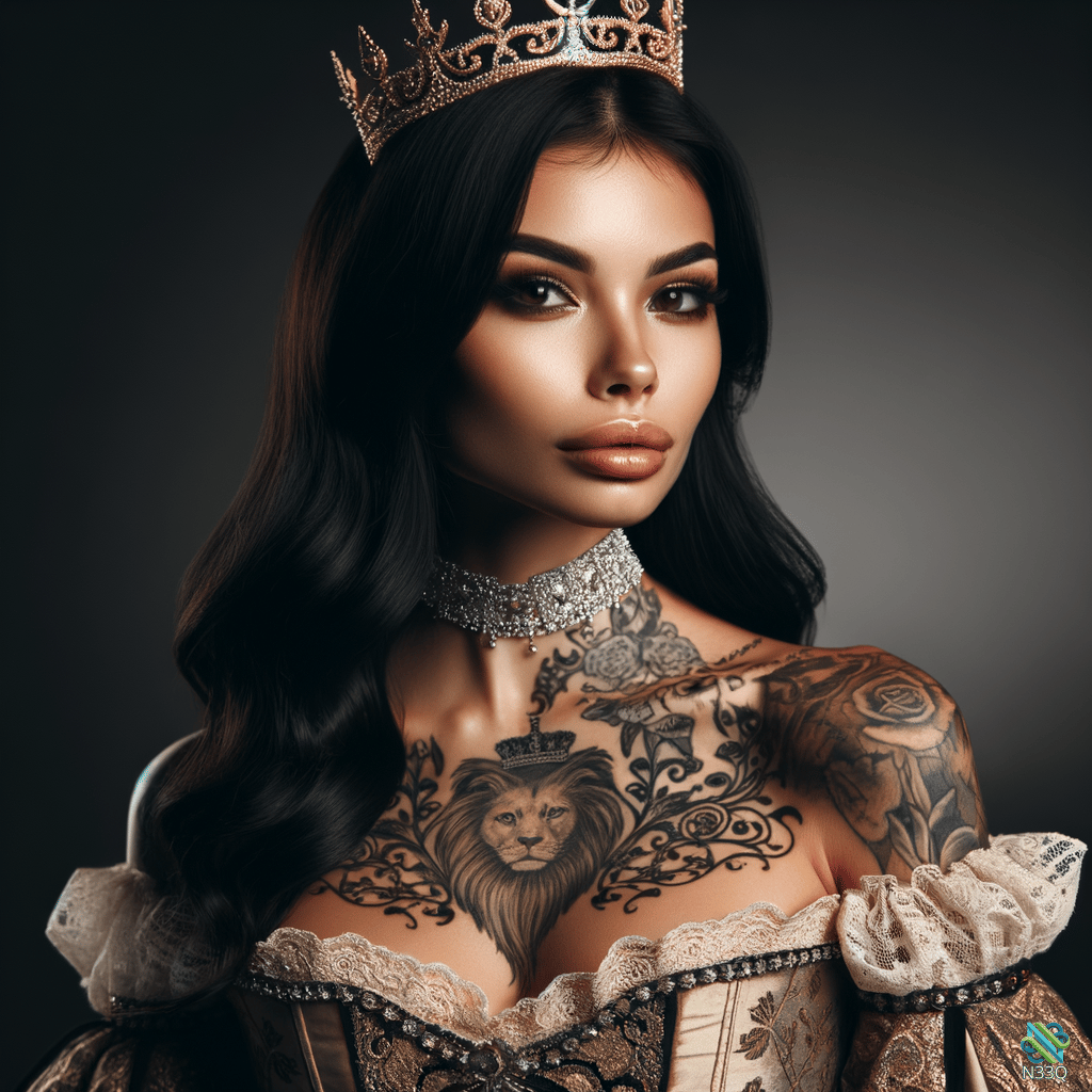 Crowned Woman with Lion Chest Tattoo