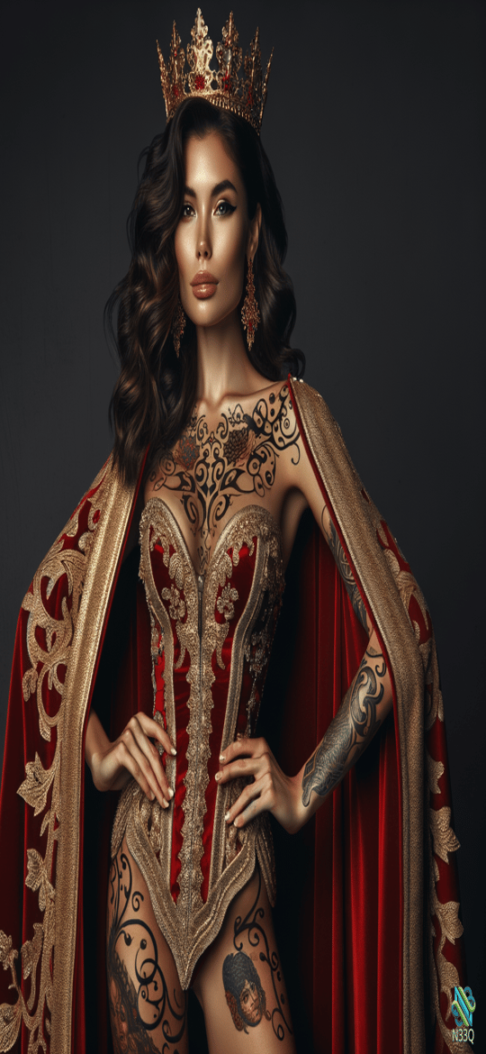 Tattooed Queen in Red Velvet Cape