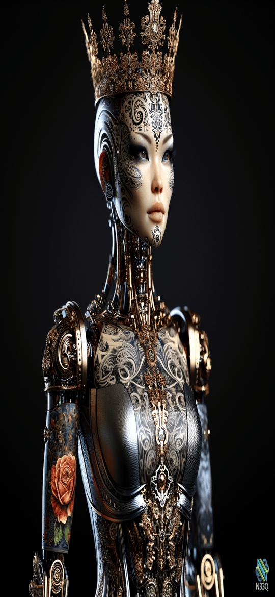 Crowned Cyborg Queen with Rose Engraving