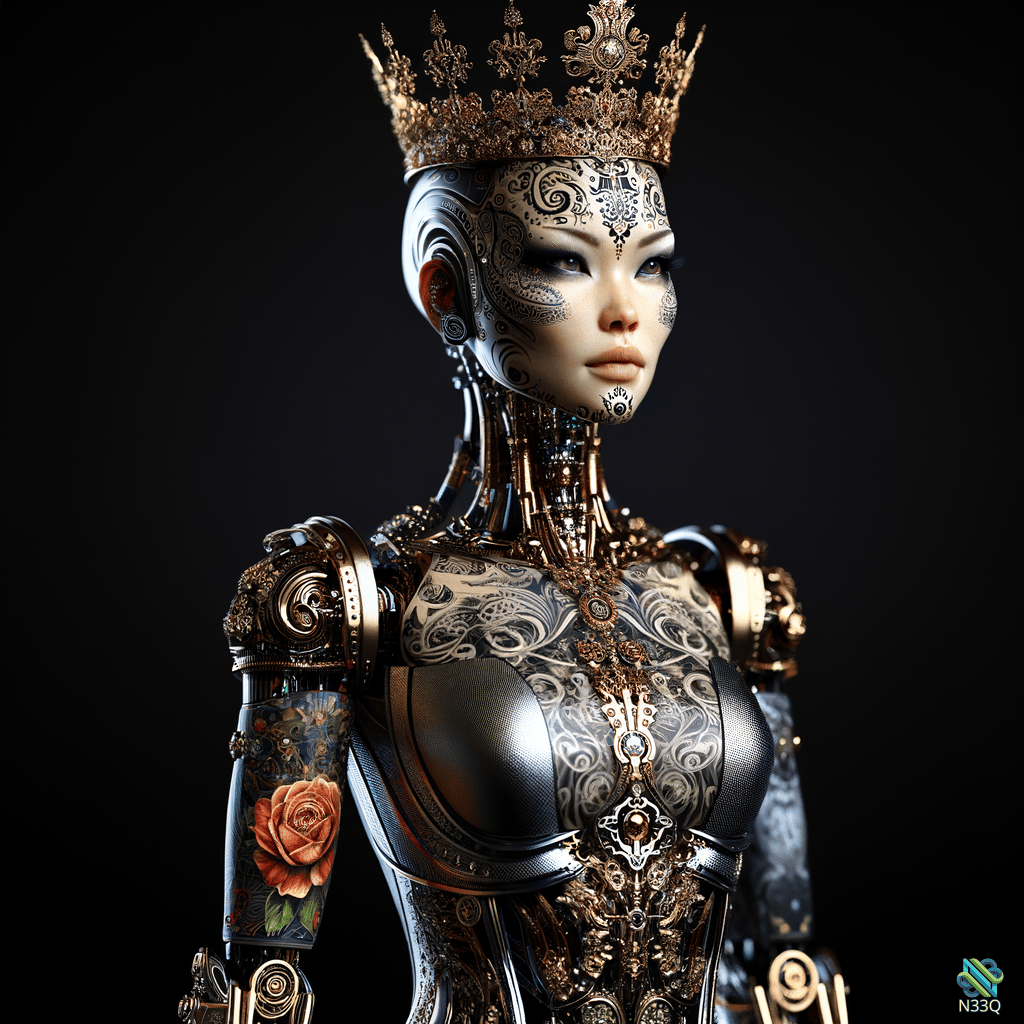 Crowned Cyborg Queen with Rose Engraving