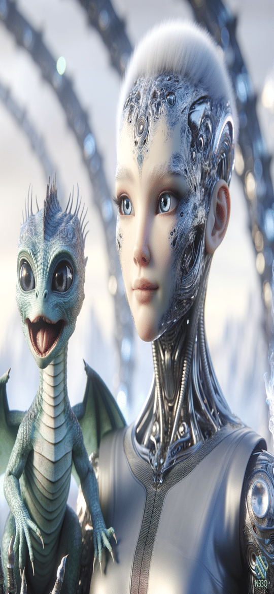 Cyborg Girl with Green Dragon