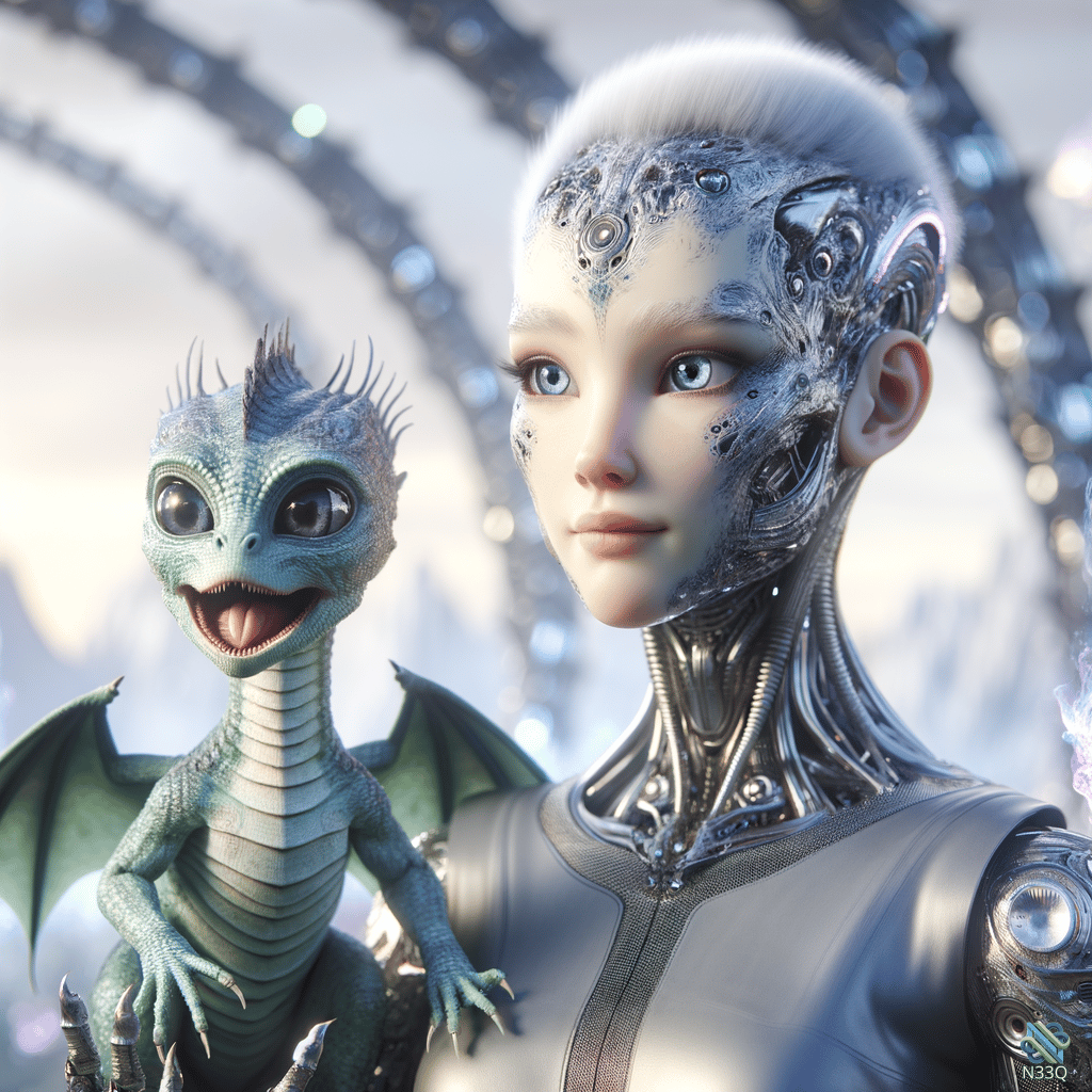 Cyborg Girl with Green Dragon