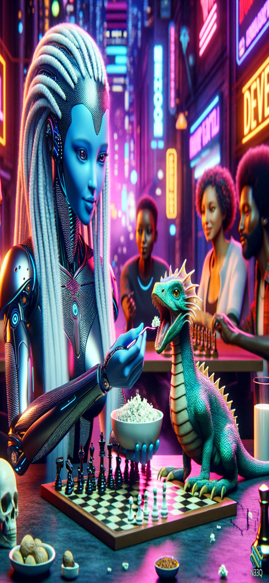 Cyborg Feeding Green Dragon at Neon Chess Table