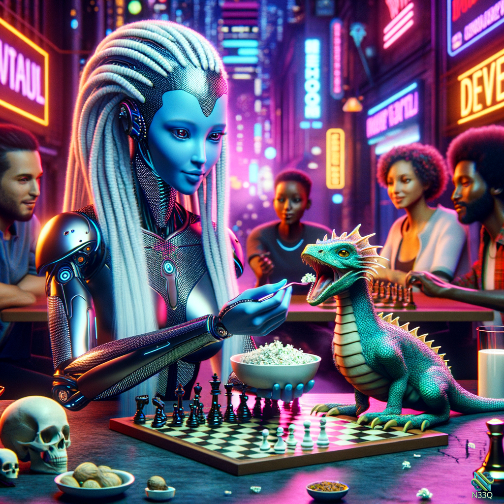 Cyborg Feeding Green Dragon at Neon Chess Table