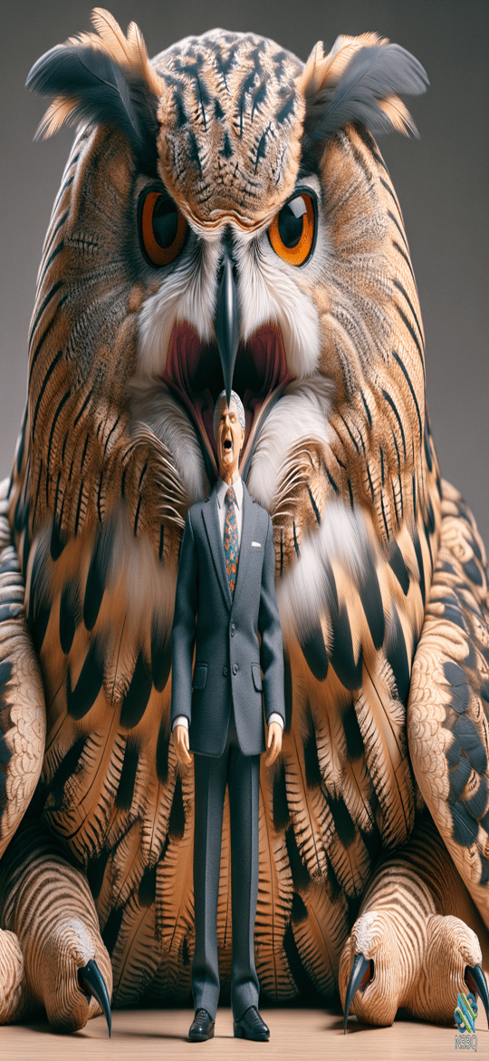 Tiny Businessman Facing Giant Owl