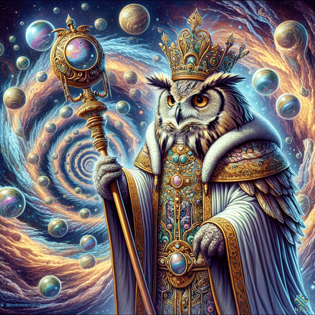 Owl King Holding Cosmic Scepter in Galaxy