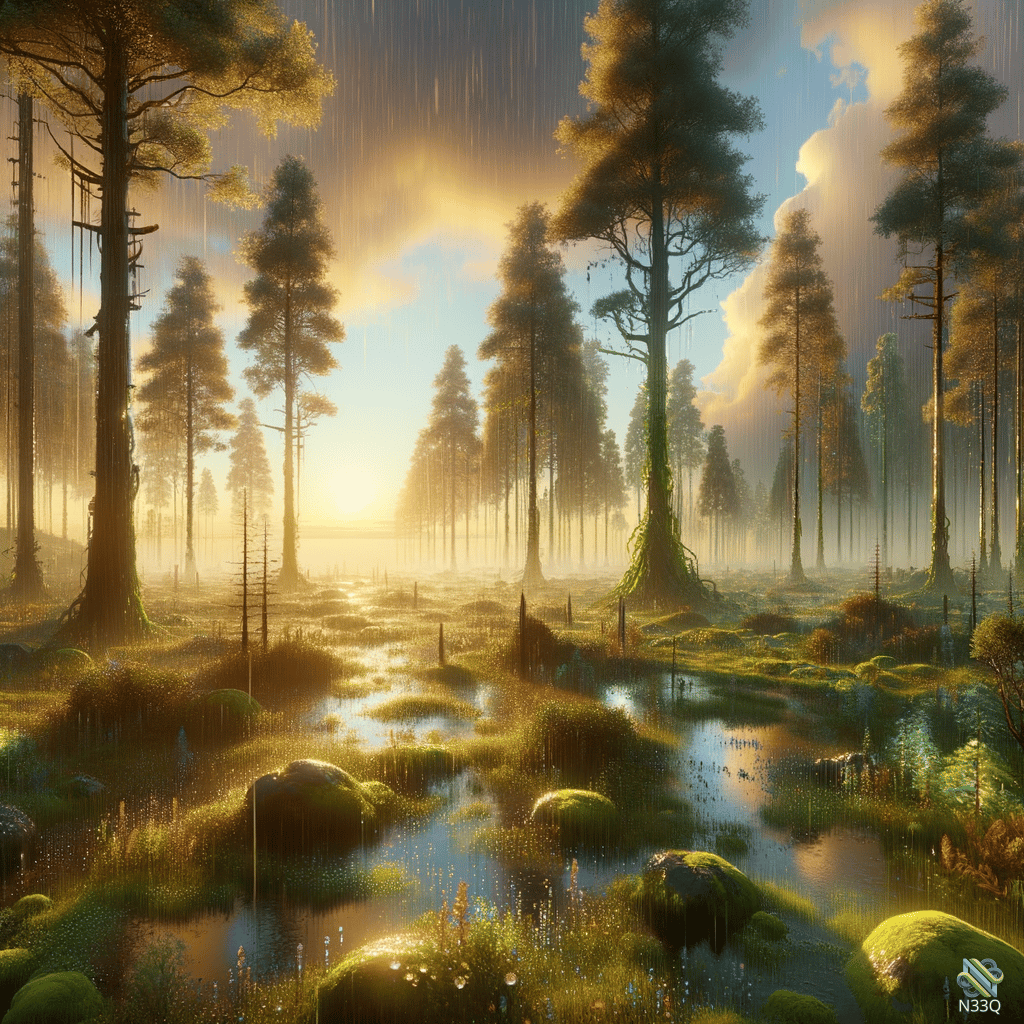 Rainy Mossy Swamp Forest at Sunrise