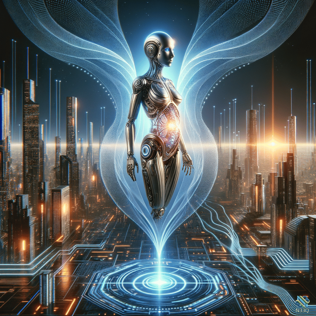 Cyborg with Blue Energy Wings over Neon City