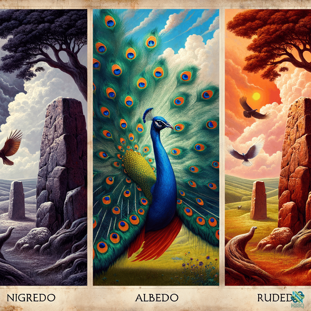 Peacock Alchemical Triptych Nigredo Albedo Rubedo