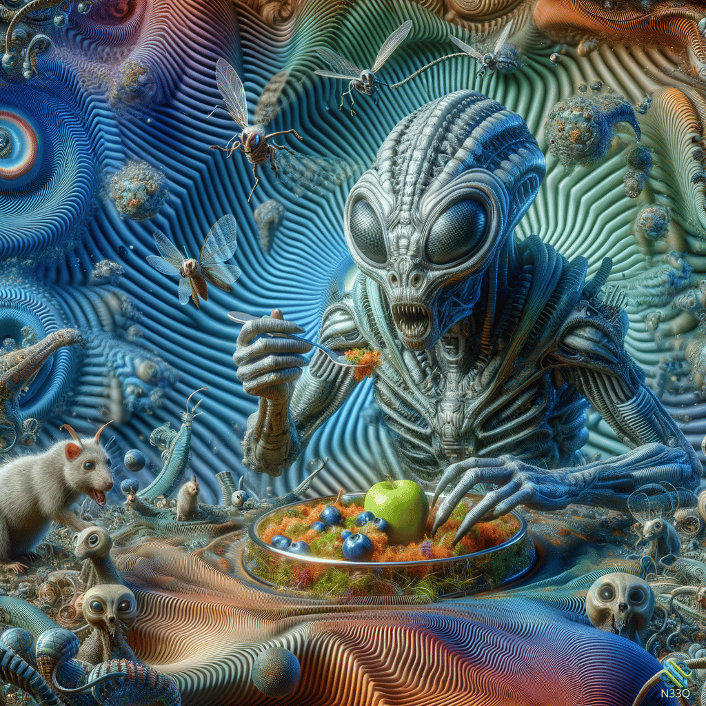 Alien Eating Fruit Amidst Insects