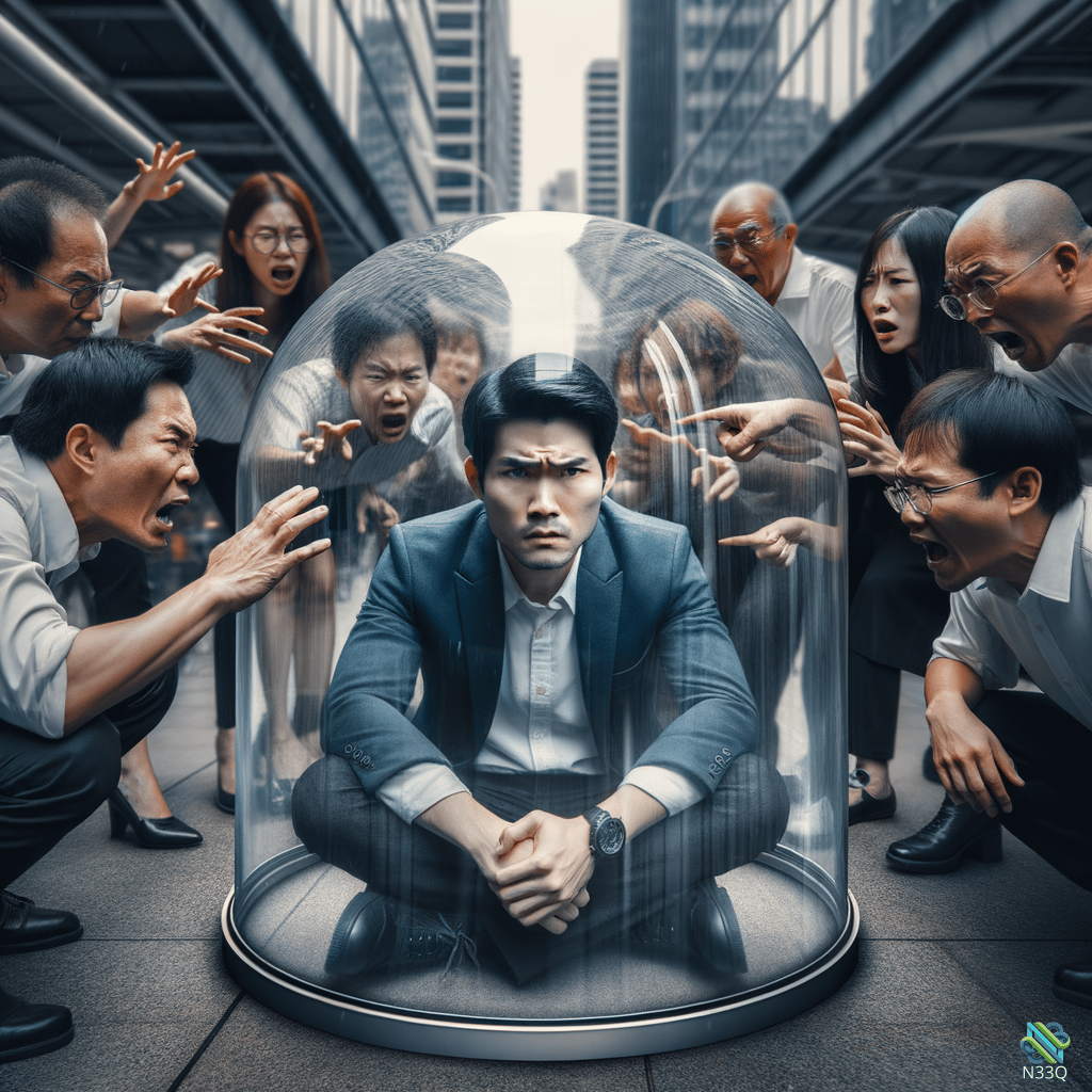 Businessman Seated in Glass Dome Amid Angry Mob